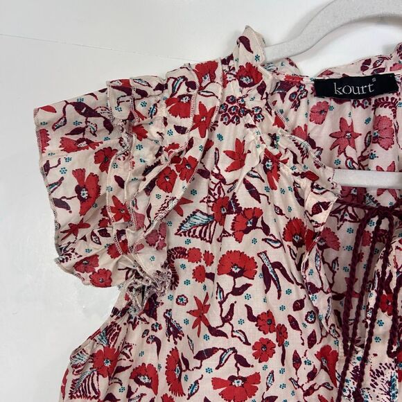 Kourt Blouse Small Red Tassel Tie Neck Flutter Sleeve Floral Cotton top boho - Picture 7 of 14